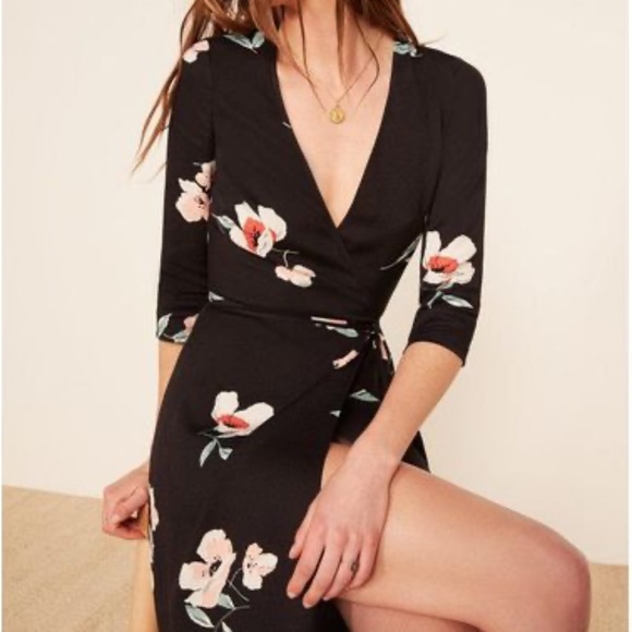 Reformation Carrie Wrap Dress Black Ornament Floral Print XS - Picture 1 of 12